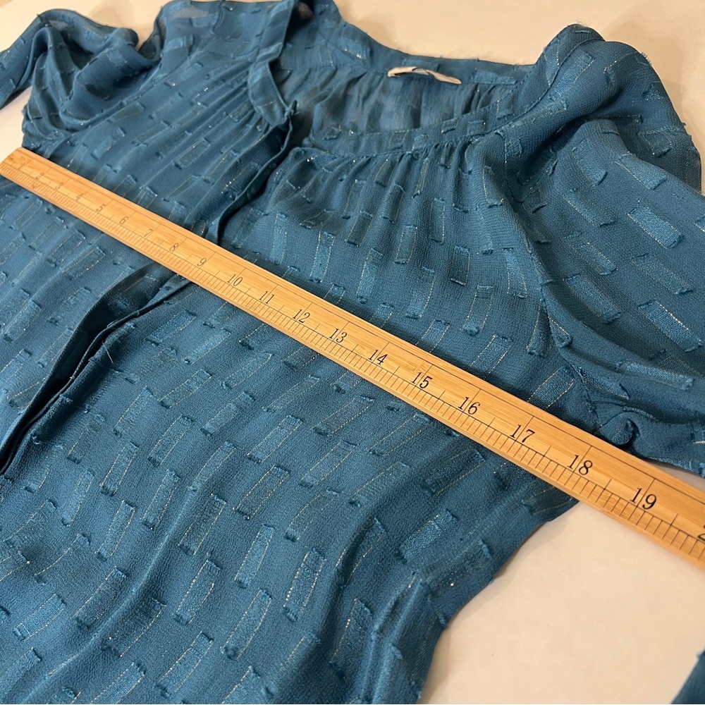 Lucky Brand Sheer Teal Patterned Blouse Metallic Accents Small - Picture 8 of 11